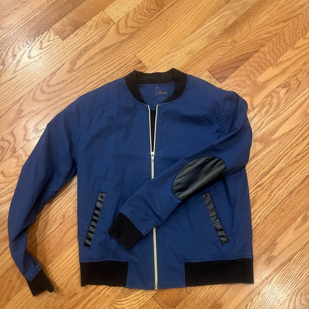 JAANUU Scrubs navy Blue Bomber Jacket with Textured Fabric and Stand-Up Collar